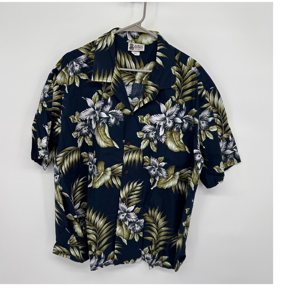 VTG ALOHA REPUBLIC Blue Floral‎ Button Up Short Sleeve Hawaiian Shirt Size XXL